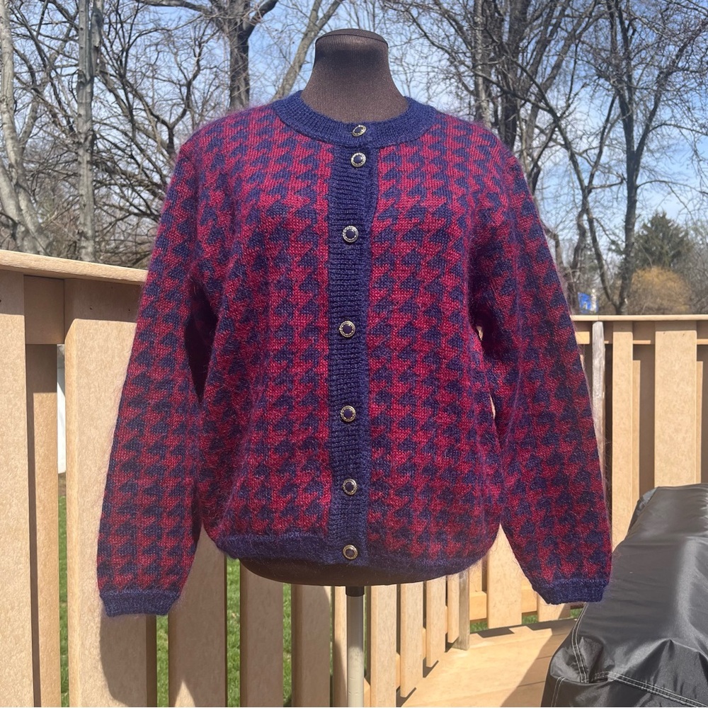 Edinburgh Women’s Mohair Blend Navy & Red Houndstooth Knit Cardigan Sweater Sz M